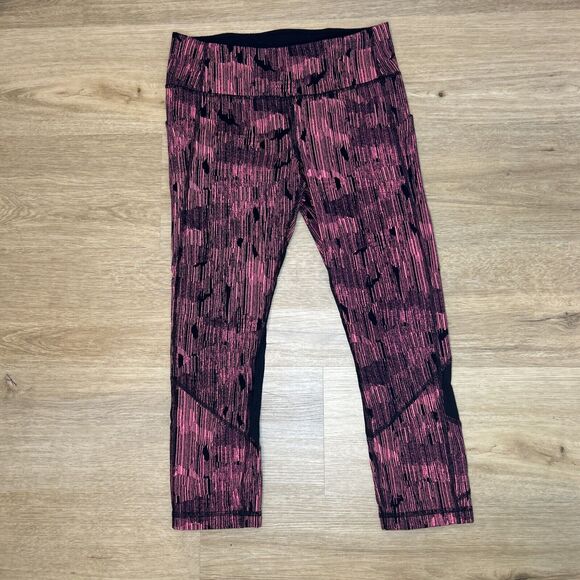 Lululemon Women’s 6 Pace Rival Crop Leggings Down Pour Pink Black Zipper Pocket - Picture 1 of 6
